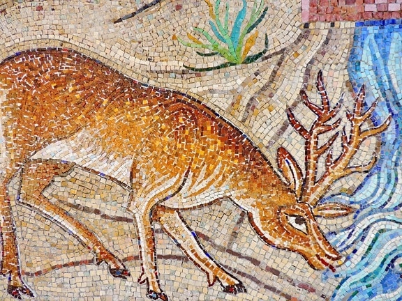 animal, deer, mosaic, art, old, wall, ancient, color
