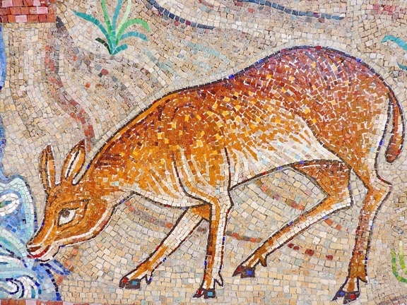 deer, mosaic, art, illustration, print, ancient, old, wall