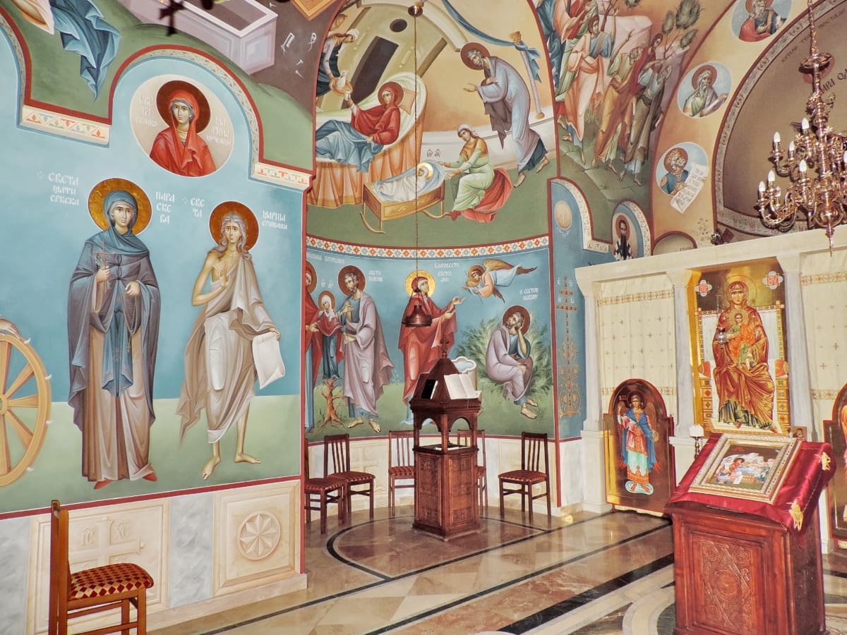 Kościół, Dekoracja wnętrz, średniowieczny, prawosławny, religia, ołtarz, malarstwo, pomieszczeniu
