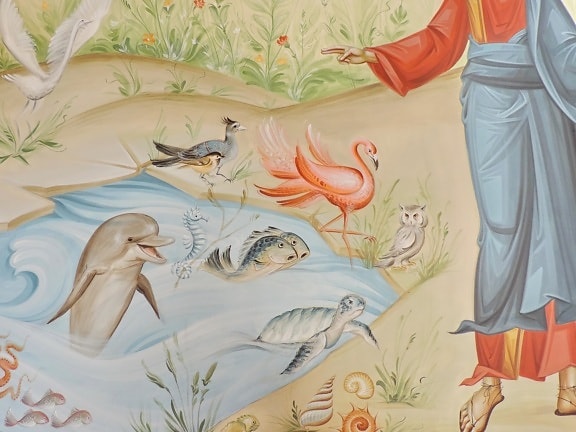 animals, creativity, dolphin, flamingo, mural, person, wildlife, illustration