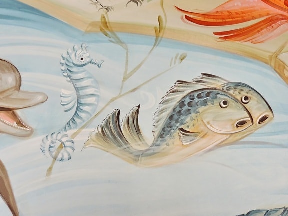 art, fishes, mural, seahorse, fish, sea, design, color