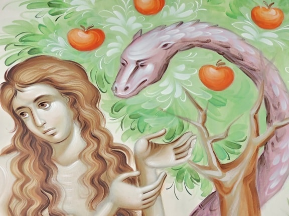 яблоко, Искусство, Библия, Настенная роспись, Религия, змея, дерево, женщина