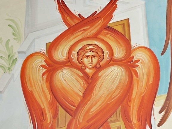 Angel, ansigt, hoved, middelalderlige, rød, vinger, kunst, religion