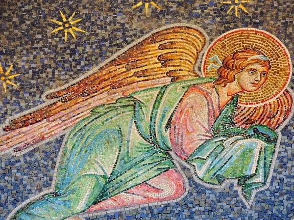 ängel, tro, medeltida, andlighet, vingar, konst, mosaik, gamla