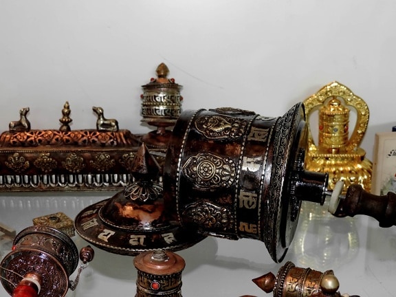 objek, lama, emas, Kuningan, dekorasi, antik, tradisional, kontainer