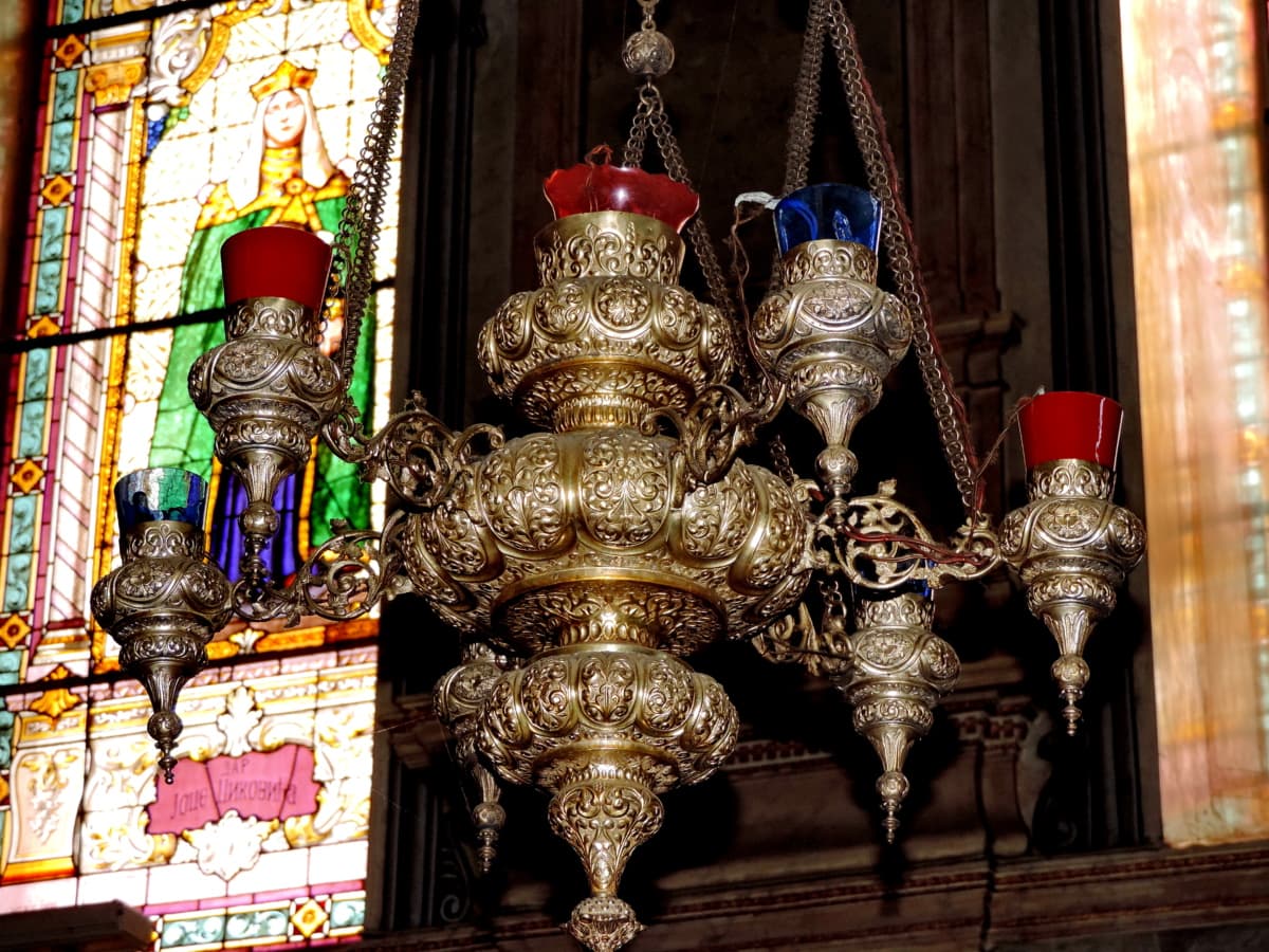 barock, ljuskrona, detalj, inredning, ortodoxa, målat glas, altaret, struktur