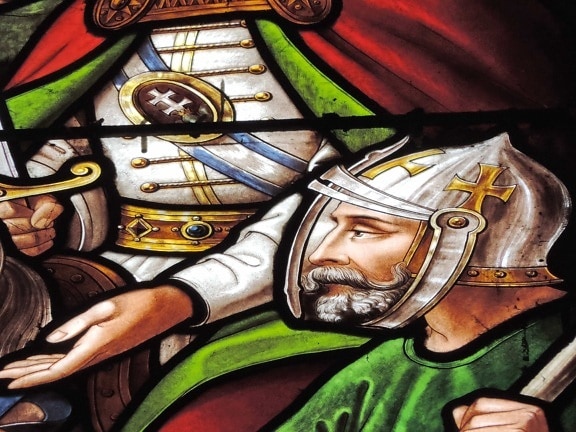 helmet, knight, portrait, art, religion, painting, stained glass, color
