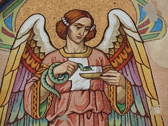 angel, colorful, facade, saint, snake, wings, mosaic, art