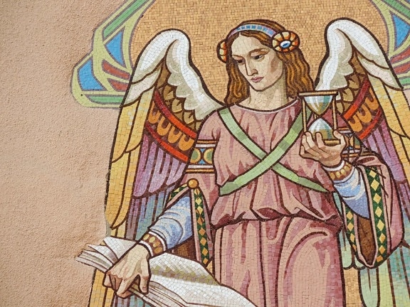 angel, book, mosaic, portrait, wings, woman, painting, art