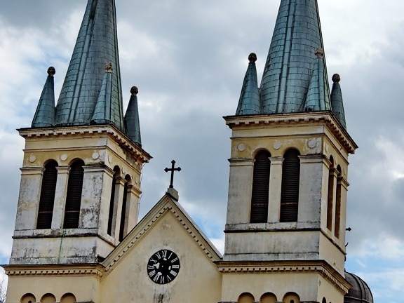 horloge analogique, Christianisme, Croix, gothique, sur le toit, architecture, Création de, façade
