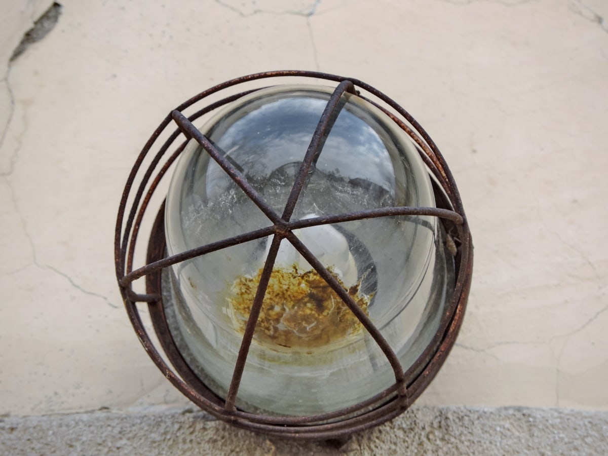 glass, light bulb, rust, sphere, transparent, wire, device, old