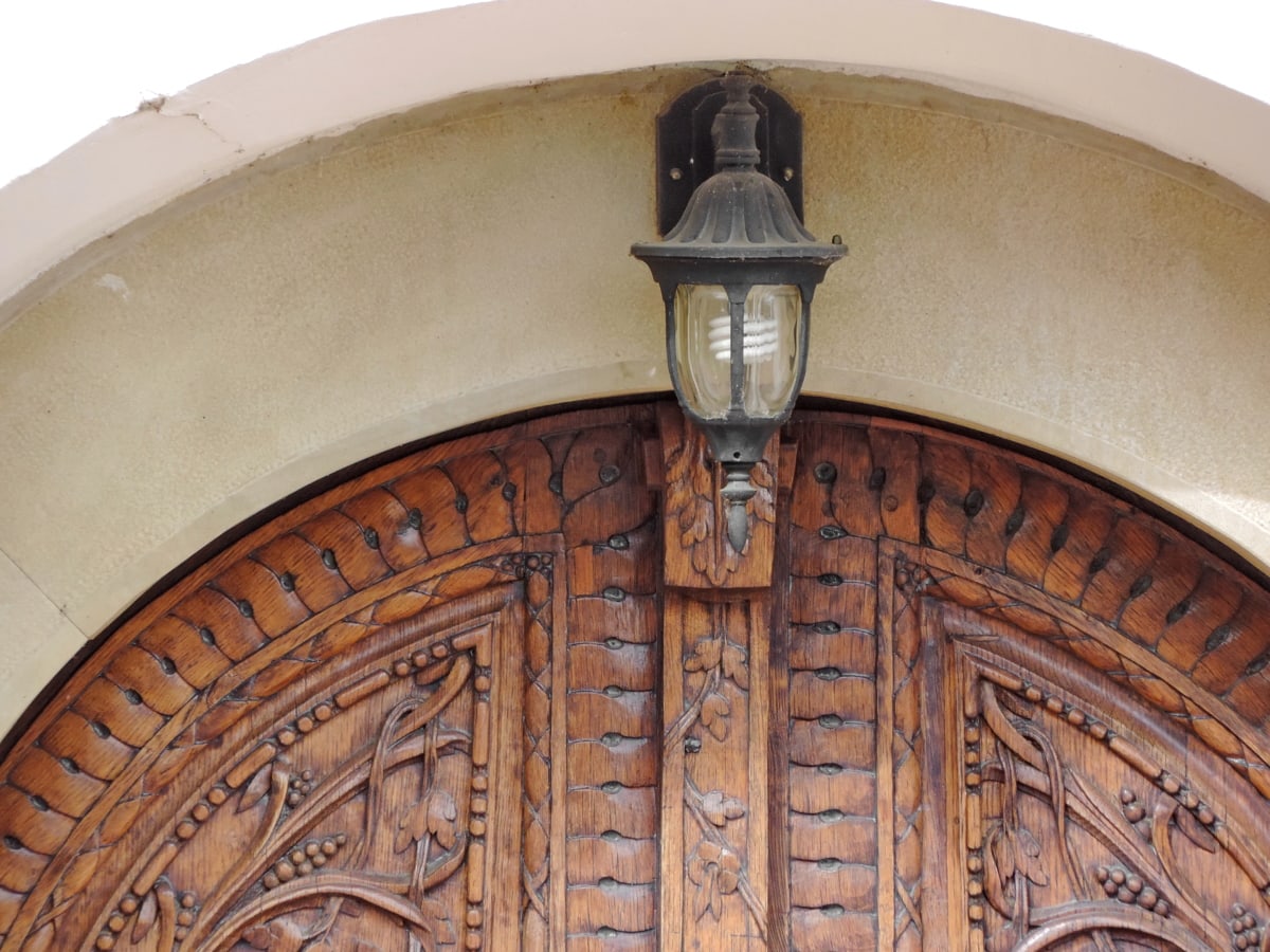 arch, cast iron, electricity, front door, light bulb, ornament, old, building
