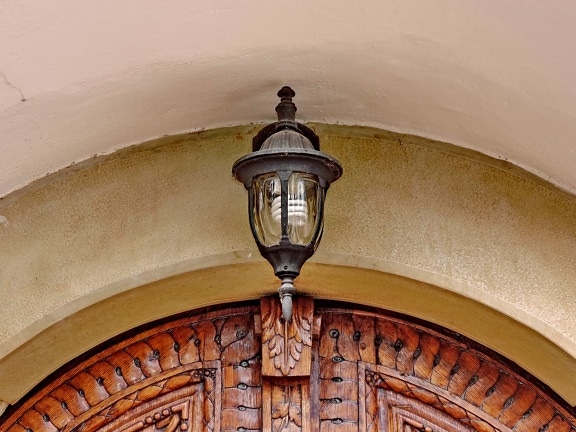 arch., hierro fundido, entrada, puerta de entrada, linterna, bombilla de luz, madera de teca, construcción
