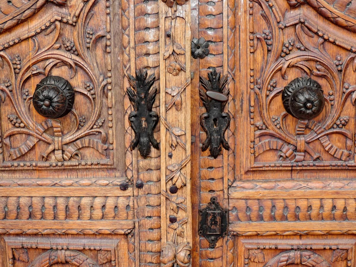 Bizantina, carpintaria, cinzeladura, ferro fundido, feito à mão, ornamento, antiga, portão
