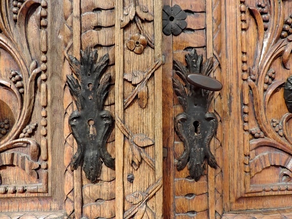 hierro fundido, puerta de entrada, roble, ornamento de, madera, decoración, puerta de entrada, puerta