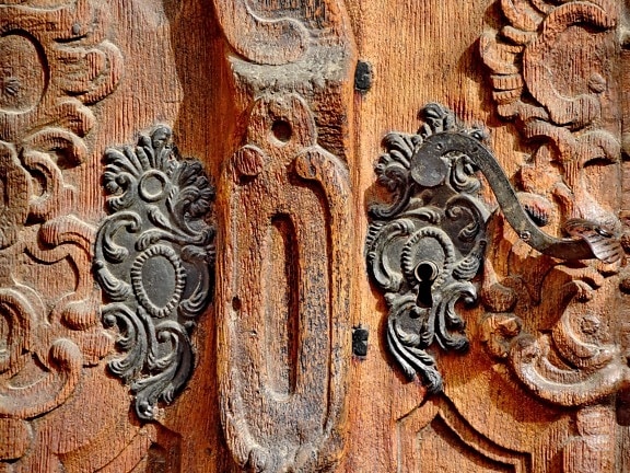 carving, cast iron, front door, handmade, teak wood, old, hole, door