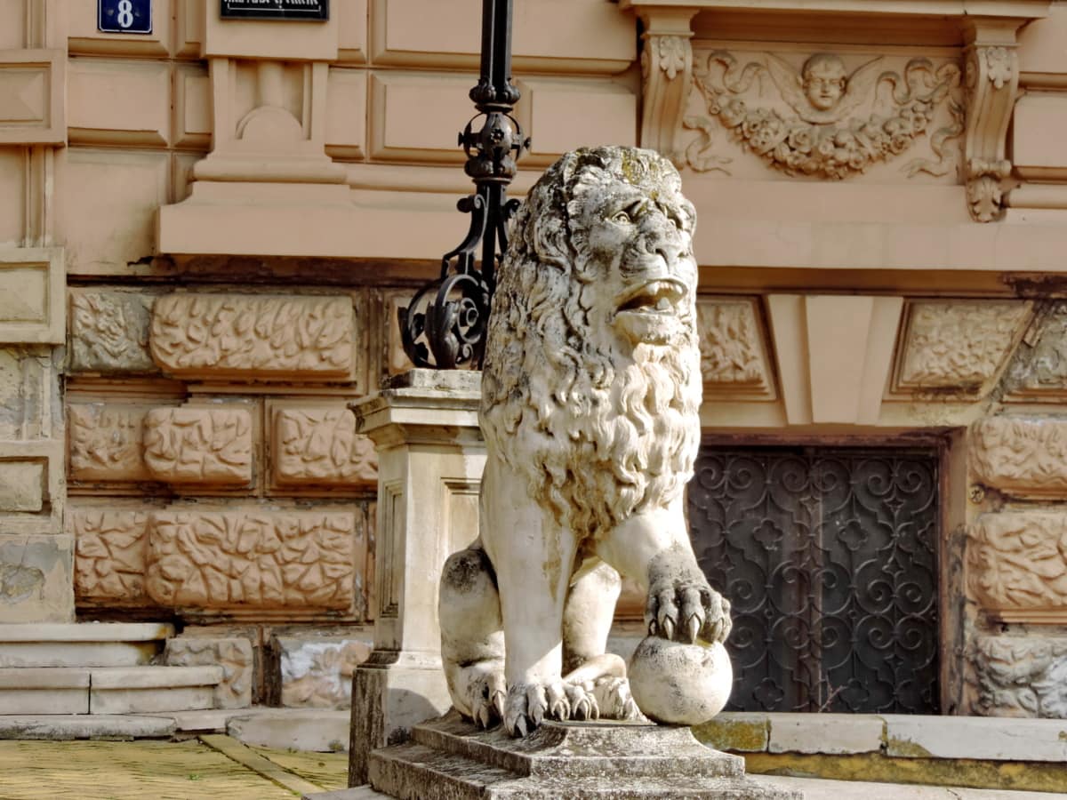 façade, à la main, Lion, architecture, sculpture, statue de, colonne, antique