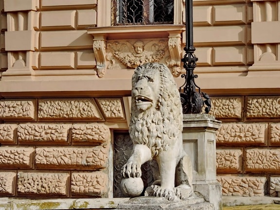 facade, lion, palace, residence, sculpture, architecture, statue, column