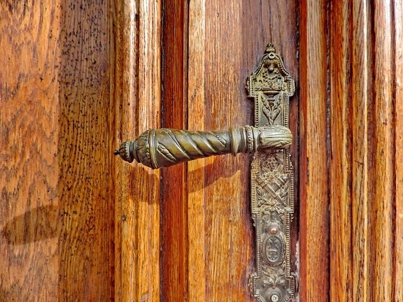 latón, ornamento de, madera, antiguo, dispositivo, cierre, madera, puerta