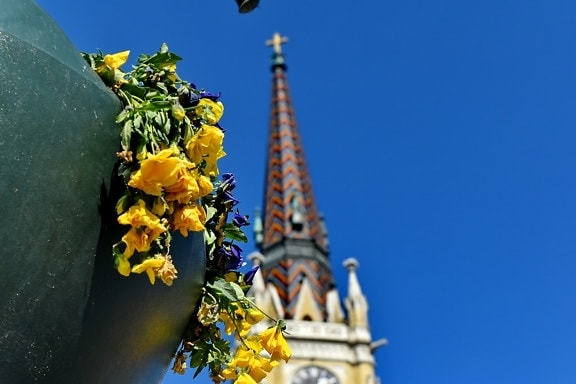 Torre de la iglesia, maceta, arquitectura, al aire libre, arte, flor, hoja, Ciudad