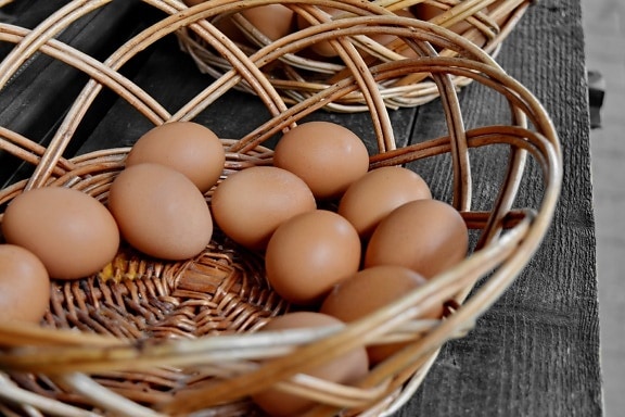 egg, eggshell, market, organic, wicker basket, basket, food, wicker