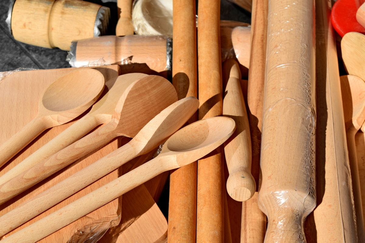 strumento mano, fatto a mano, tavolo da cucina, utensili da cucina, cucchiaio, vasellame, legno, in legno