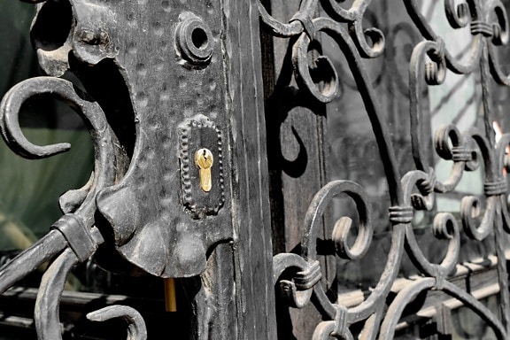 Ferro da stiro, vecchio, in acciaio, porta, arte, handle, serratura, metallizzato