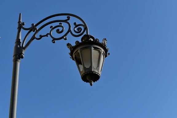 висящи, на открито, лампа, синьо небе, фенер, желязо, стомана, улица