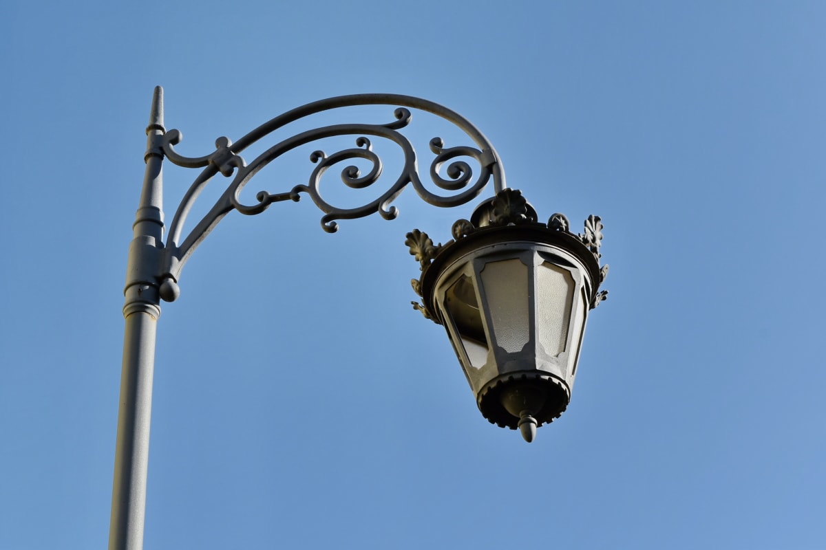 лампа, фенер, на открито, желязо, стомана, синьо небе, архитектура, градски
