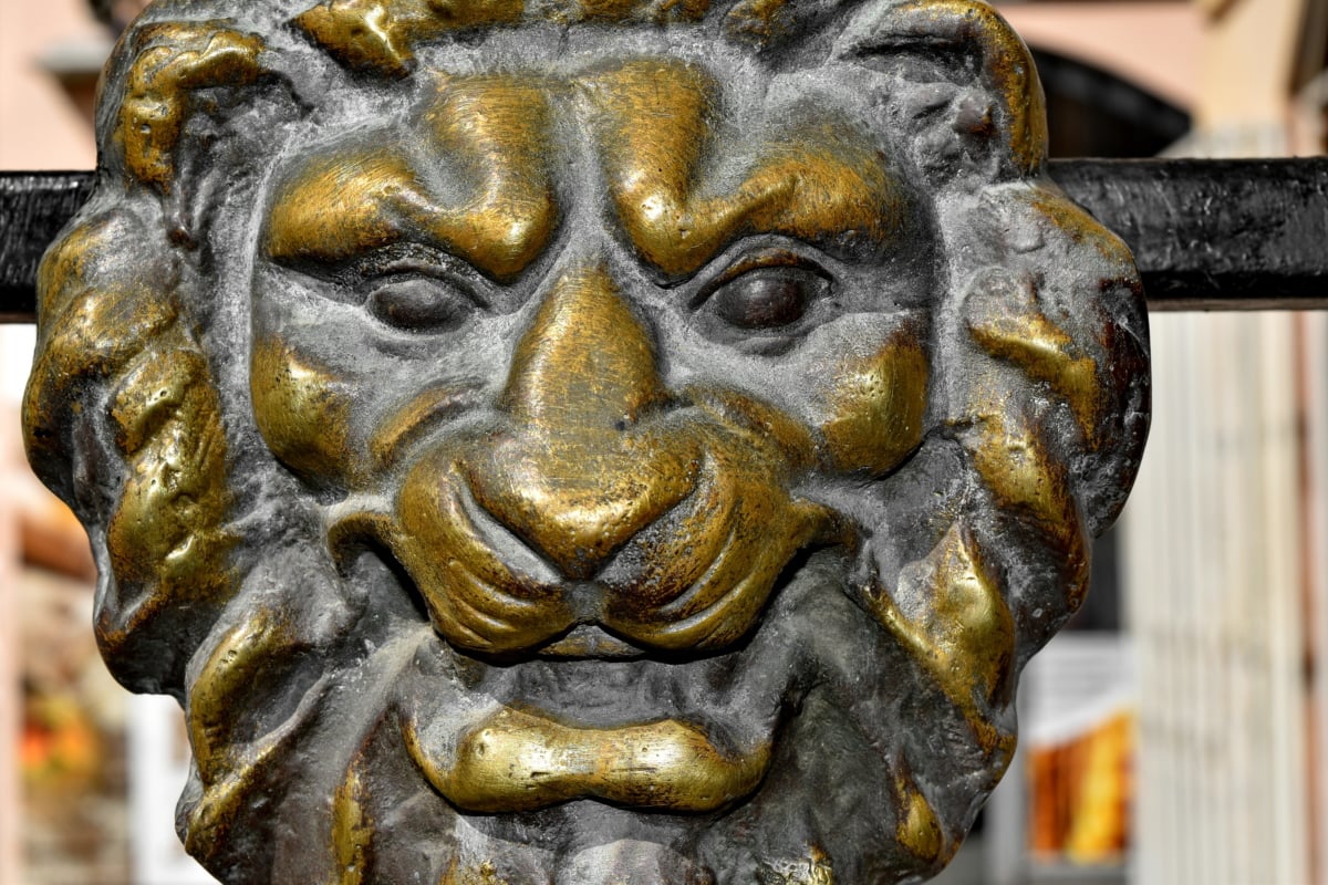 brass, bronze, head, lion, sculpture, culture, statue, art