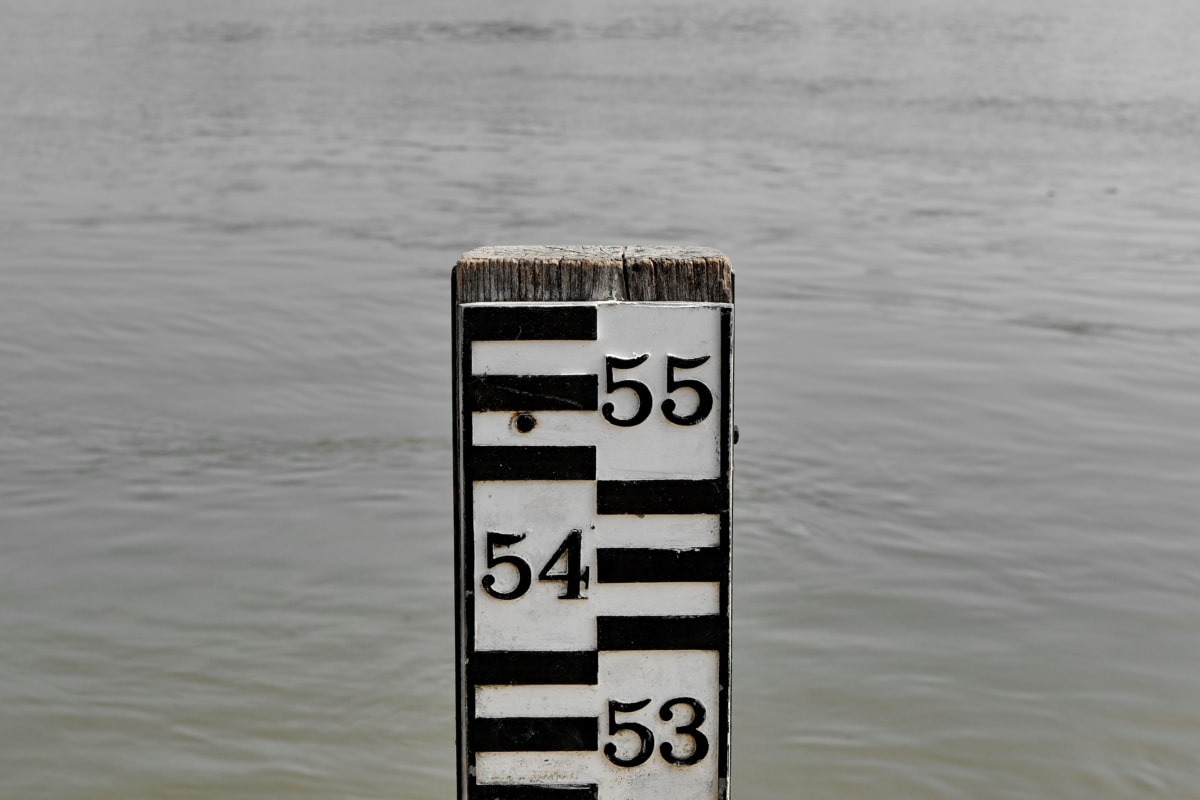 inundação, medição, número, régua, água, reflexão, natureza, ao ar livre