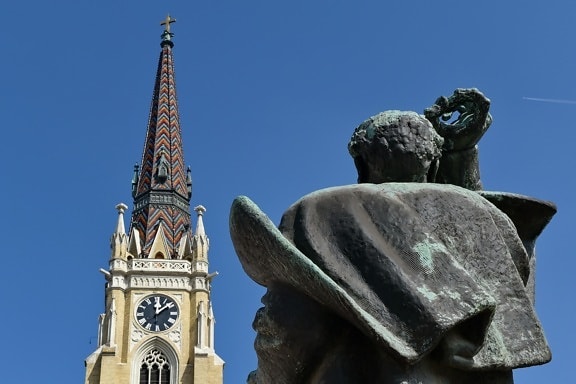 church tower, sculpture, street, tower, architecture, church, building, statue