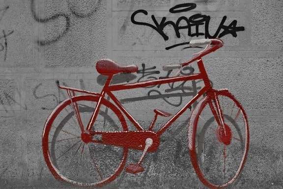 Graffiti, rojo, texto, rueda, bicicleta, ciclo, ciclismo, bicicleta