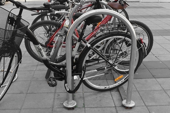 sykkel, parkeringsplassen, urbane området, hjul, gate, veien, fortau, byen
