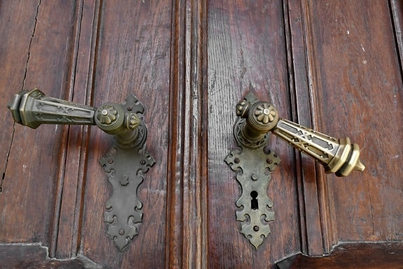 hecho a mano, ornamental, madera, entrada, puerta, madera, cerradura, seguridad