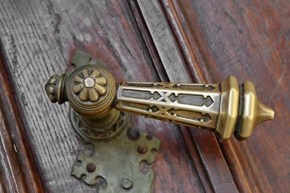 baroque, brass, front door, gateway, device, wood, old, lock