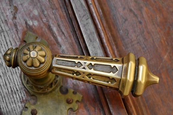 ingresso, porta d'ingresso, in ottone, legno, vecchio, oggetto d'antiquariato, serratura, in legno