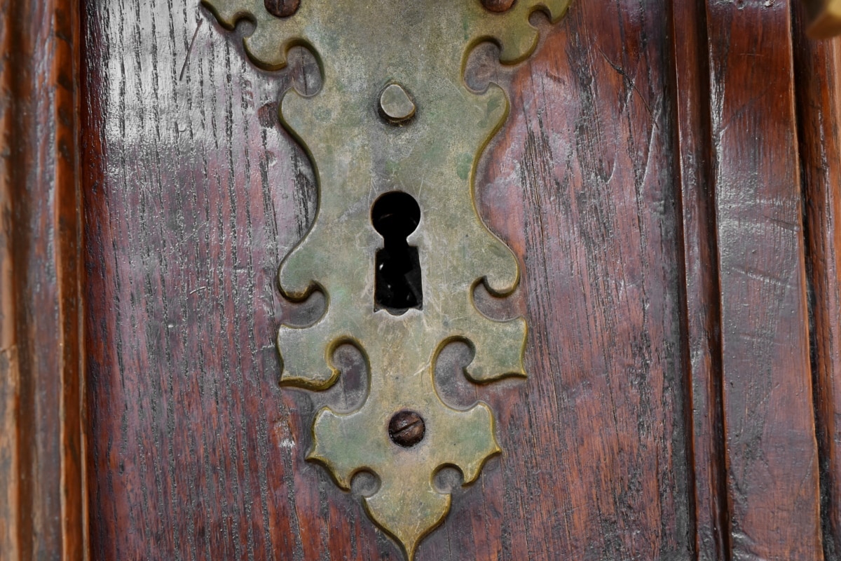 ocel, železo, otvor, dřevěný, rez, dřevo, staré, dveře