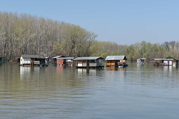 voda, jazero, Boathouse, dom, reflexie, drevo, povodeň, rieka