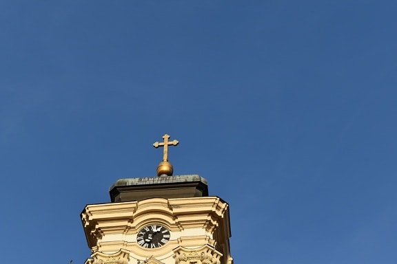 blue sky, christianity, church tower, cross, fair weather, gold, Heaven, religion