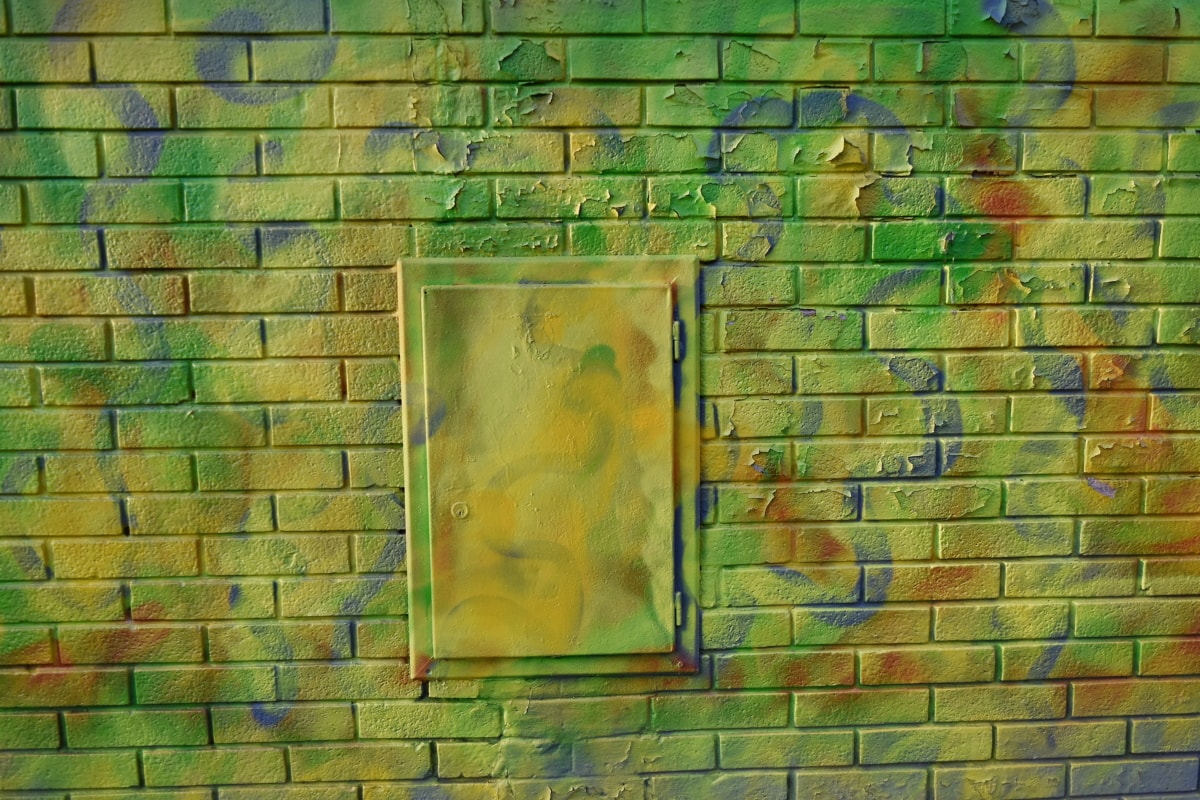 Graffiti, màu xanh vàng, cũ, bức tường, kết cấu, gạch, gạch, bẩn