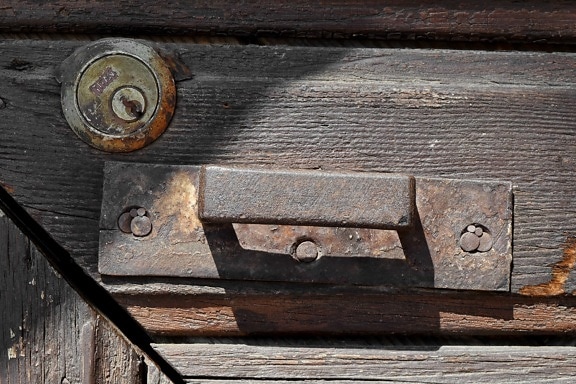 tesařství, detaily, klíčovou dírkou, staré, kov, dveře, dřevo, rez