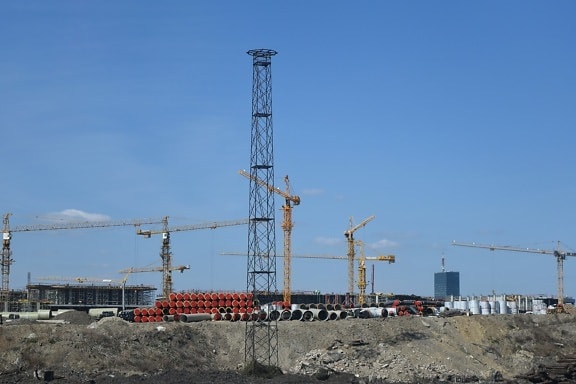 construction, field work, workplace, industry, tower, equipment, crane, pollution