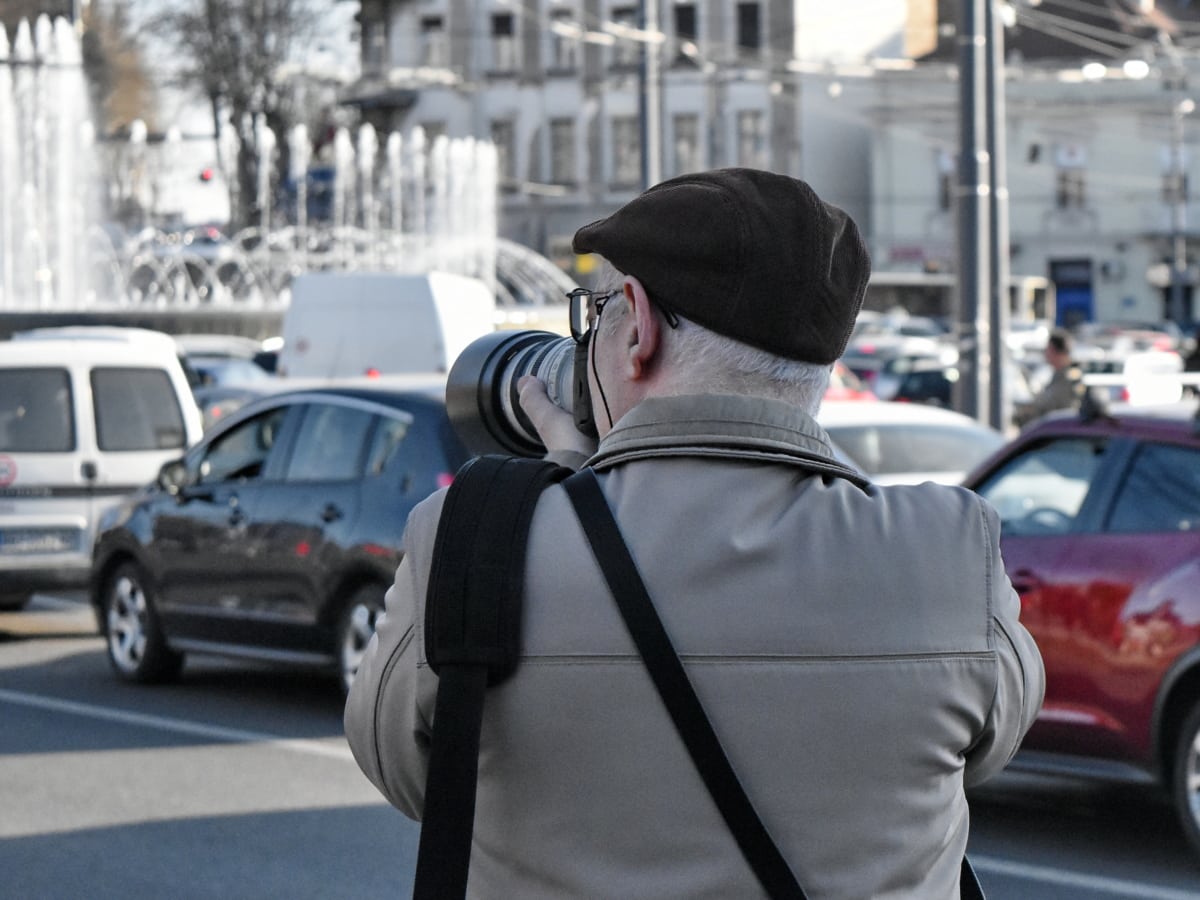 Laki-laki, fotografer, fotografi, jalan, jalan, Kota, Mobil, pertempuran