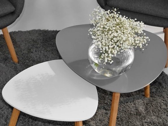 zwart-wit, interieur decoratie, minimalisme, moderne, vaas, tabel, hout, binnenshuis