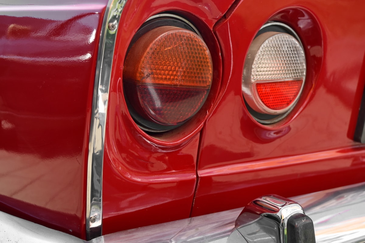 röd, Automobile, bil, fordon, klassisk, strålkastare, krom, framsidan