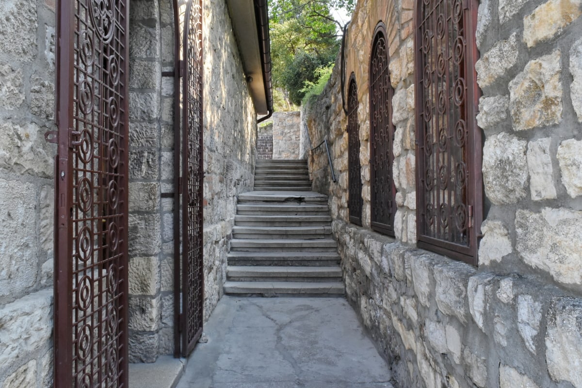 Straat, stap, het platform, oude, gebouw, oude, muur, steen