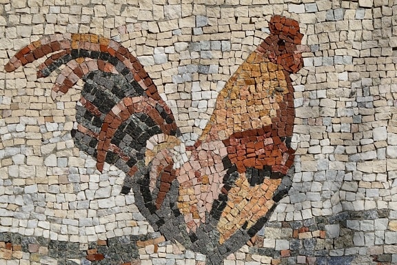 colourful, mosaic, rooster, concrete, brick, old, texture, wall