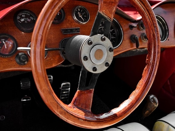 classic, wooden, dashboard, vehicle, speedometer, mechanism, car, steering wheel