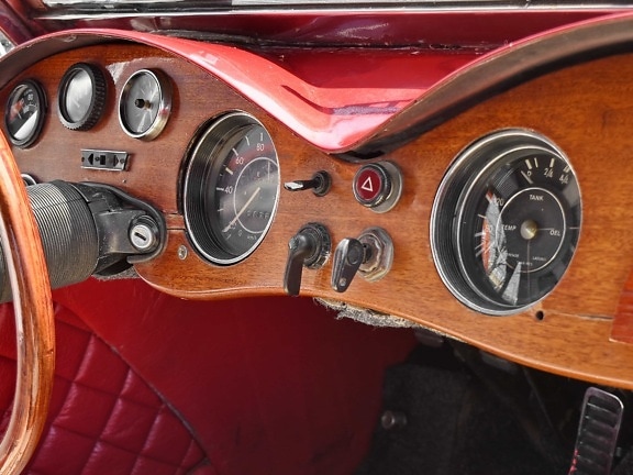 automobile, nostalgia, old fashioned, wooden, car, steering wheel, dashboard, vehicle